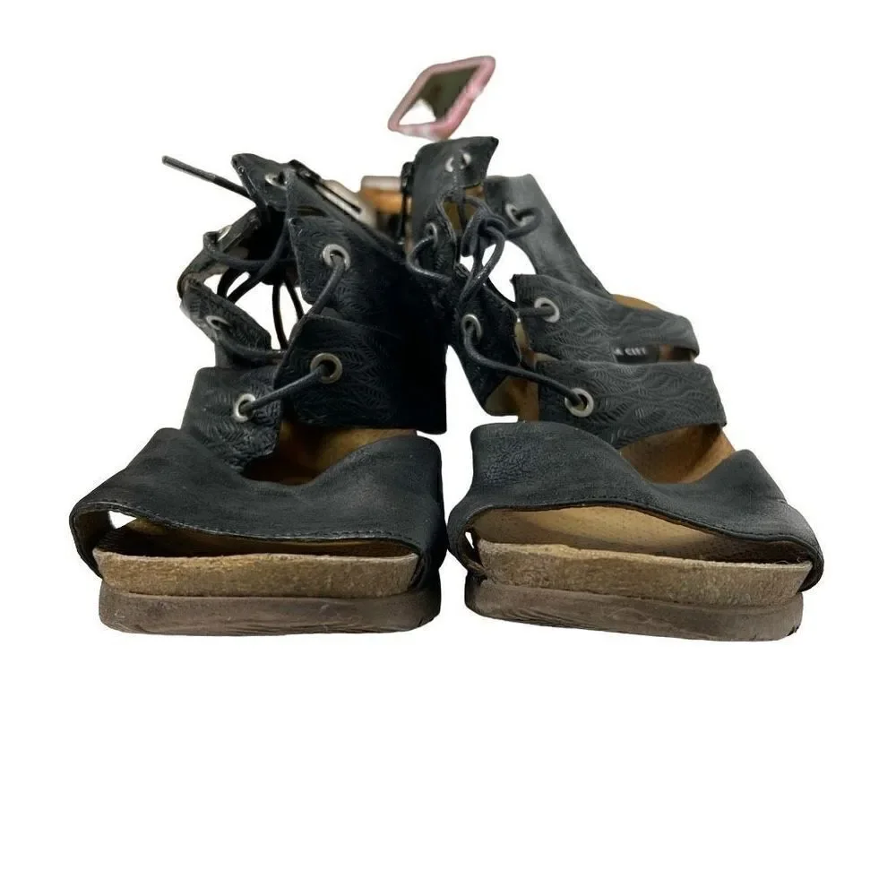 Miz Mooz black leather Sierra demi-wedge lace up gladiator sandals size 42 (10.5